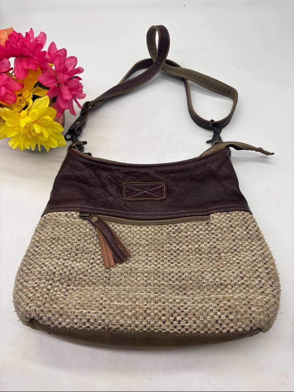 Myra Bag Casual Woven Crossbody Bag with Brown Leather Trim MCB9985C